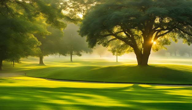 campo de golfe com árvores e um campo verde ao fundo