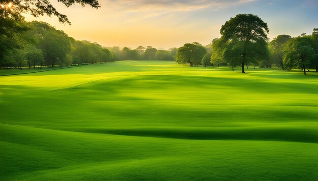 campo de golfe com árvores e um pôr-do-sol no fundo