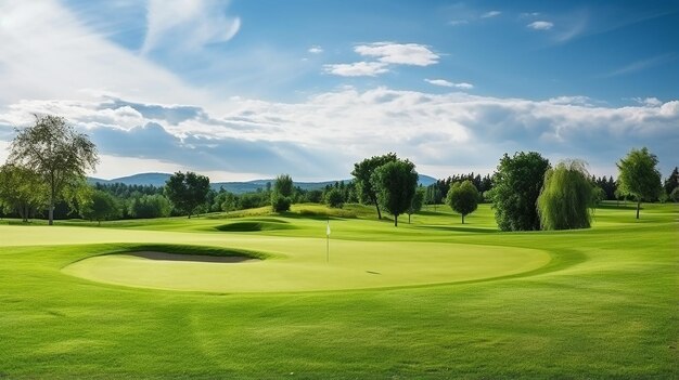 Foto campo de golfe com um belo campo verde campo de golf com um rico gramado verde paisagem bonita