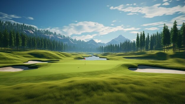 Foto campo de golfe com um belo campo verde campo de golf com um rico gramado verde paisagem bonita