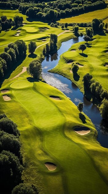 campo de golfe com uma lagoa e árvores à esquerda