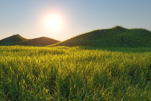 Campo de grama e montanhas com renderização background3d brilhante
