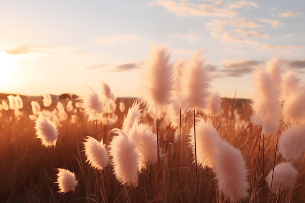 campo de grama seca de cauda de coelho fofinho ao pôr-do-sol com espaço de cópia