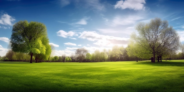 Campo de grama verde com um céu azul e o sol brilhando por entre as árvores