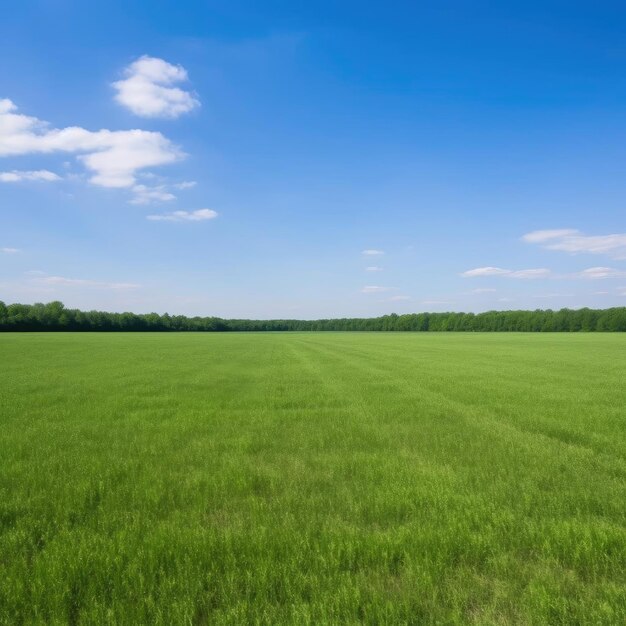 Campo de grama verde e céu azul com nuvens brancas ao fundo