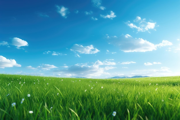 Campo de grama verde e céu azul com nuvens brancas Fundo natural