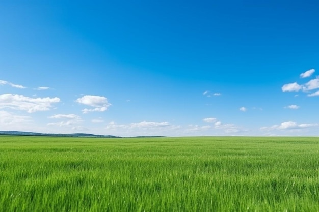 Campo de grama verde e céu azul com nuvens brancas