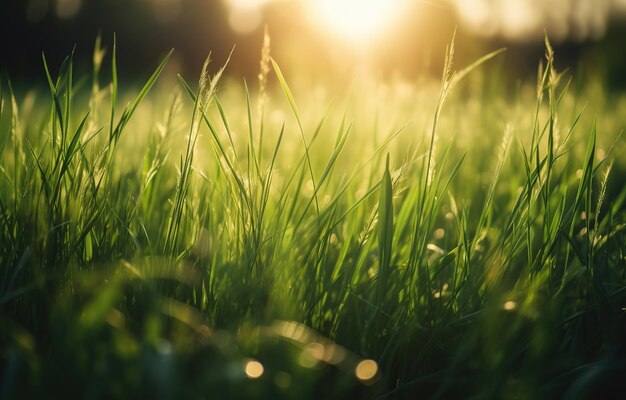 Campo de grama verde fechado iluminado por luz solar dourada com raios solares naturais