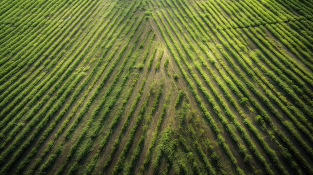 Campo de IA generativo de grama verde com fotografia de drone de vista aérea borrifada de água