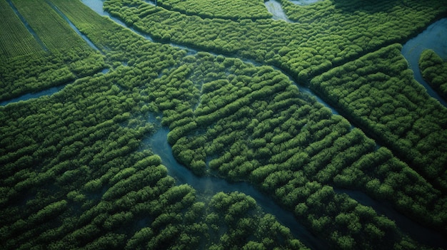 Campo de IA generativo de grama verde com fotografia de drone de vista aérea borrifada de água