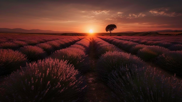 Campo de lavanda ao pôr do sol com Horizon View AI gerado