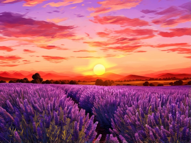 campo de lavanda ao pôr do sol e paisagem