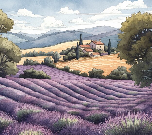 Campo de lavanda com uma casa e árvores à distância