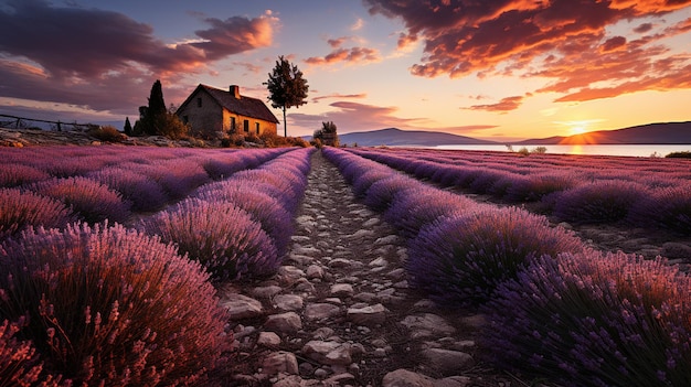 campo de lavanda com uma casa e um pôr do sol ao fundo IA generativa