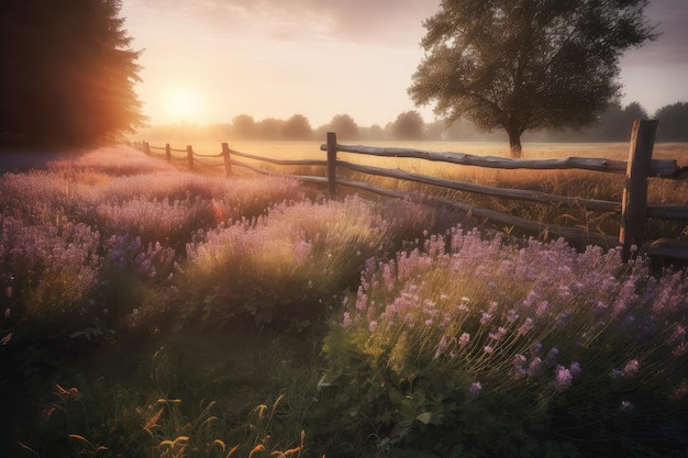 Campo de lavanda dourada casa de campo montanhas no fundo beleza tranquila generativa IA