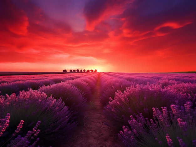 Campo de lavanda vibrante ao pôr do sol