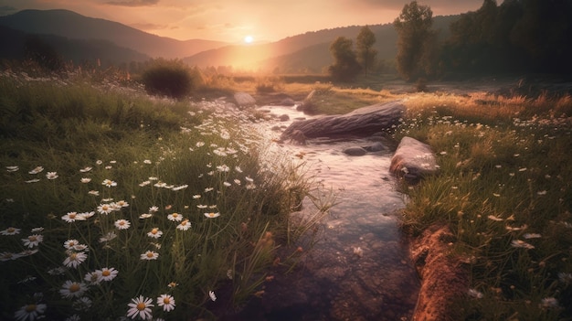 Campo de margaridas com lindo céu pôr do sol Generative AI