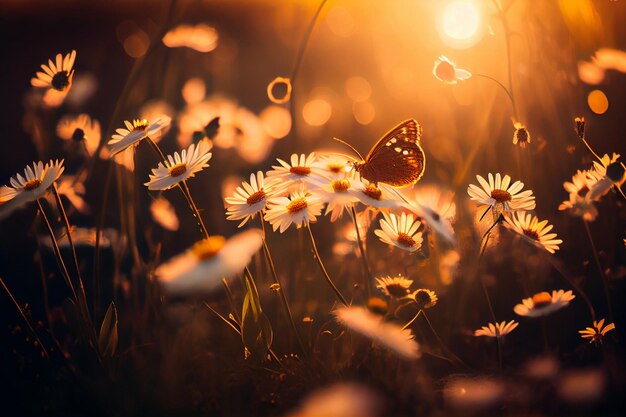 Campo de margaridas em raios dourados do sol poente na natureza primavera verão com uma borboleta laranja ao ar livre AI Generated