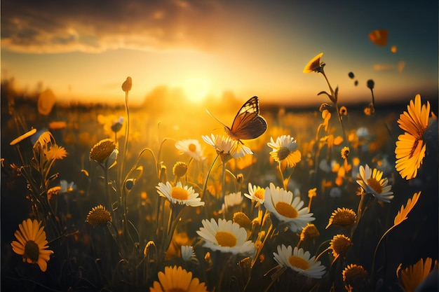 Campo de margaridas em raios dourados do sol poente na natureza primavera verão com uma borboleta laranja ao ar livre AI Generated