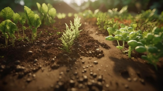 Campo de milho de primavera com brotos verdes frescos em foco suave Generative AI