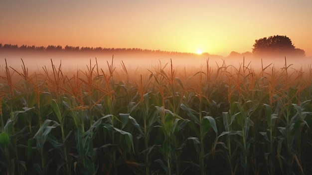 Campo de milho sob os raios do sol da noite o cultivo de produtos naturais gerados pela AI