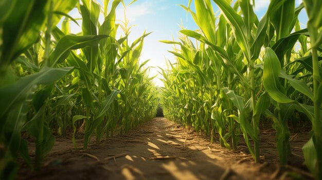 Foto campo de milho verde com o sol a espreitar através das folhas