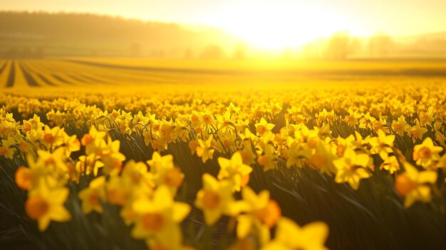 Campo de narcisos com luz dourada do sol capturando a beleza da natureza e símbolo de renovação