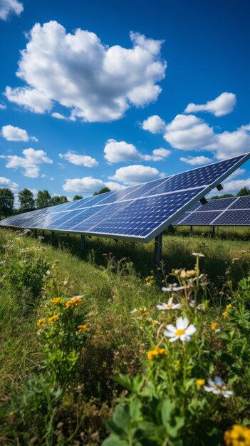 Campo de painéis solares com flores em primeiro plano