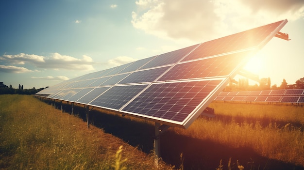 Campo de painéis solares com luz solar