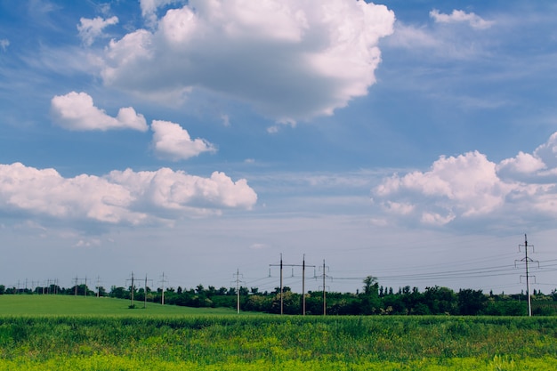 Campo de paisagem de verão com grandes nuvens