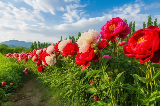 Campo de peônias vermelhas e rosa fecha