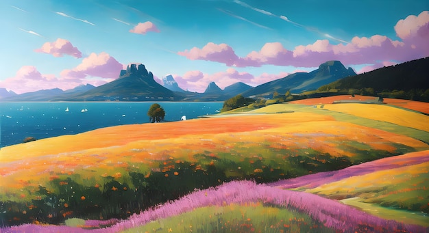 Campo de prados com flores silvestres, céu azul e luz do sol no papel de parede da paisagem natural de verão AI gerado para histórias de livros infantis, contos de fadas