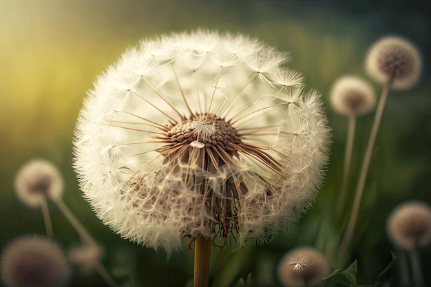 Campo de primavera de dente-de-leão branco grande com sementes em fundo desfocado generativo ai