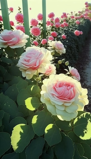 Campo de rosas cor de rosa e brancas ao lado de uma cerca verde generativa ai