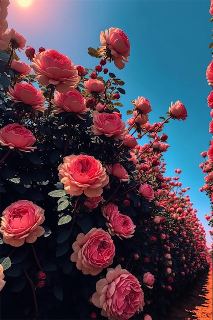 Campo de rosas cor de rosa em um dia ensolarado generativo ai