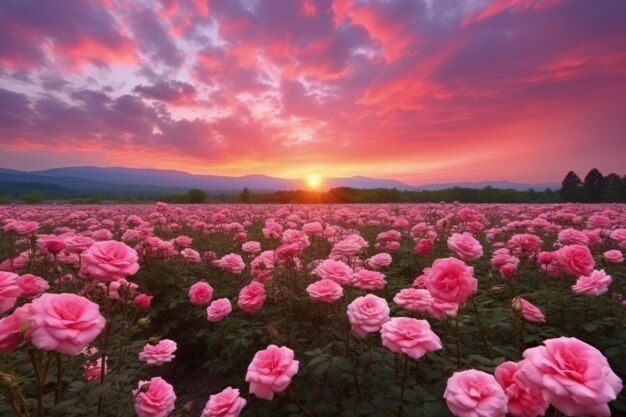 Foto campo de rosas no nascer do sol de manhã com um belo céu