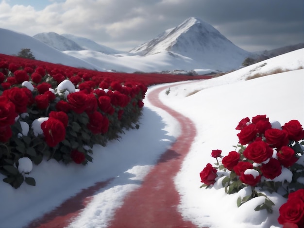 campo de rosas vermelhas coberto de neve