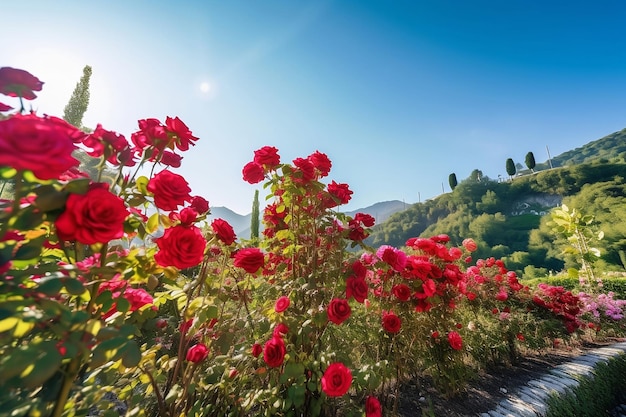 Campo de rosas vermelhas de perto