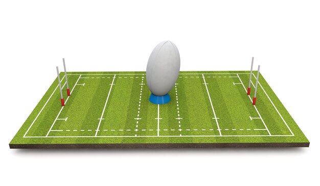 Campo de rugby com bola e postes 3D Render