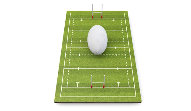 Campo de rugby com bola e postes 3D Render