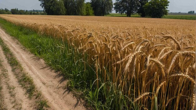 Campo de trigo com uma estrada de terra ao lado