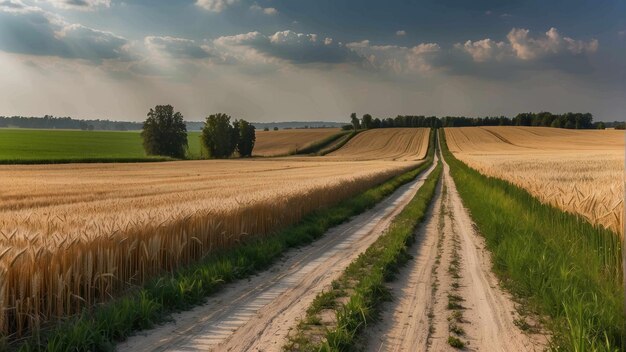 Campo de trigo com uma estrada de terra ao lado