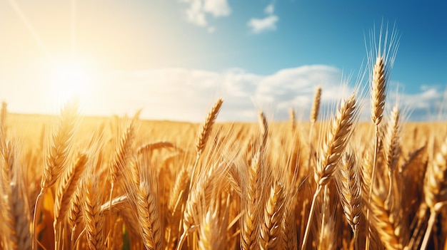 Foto campo de trigo dourado com dia ensolarado e nuvem