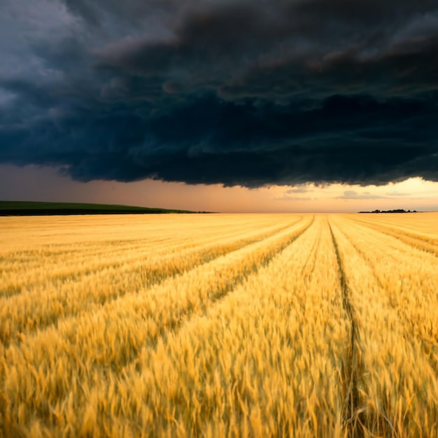 Foto campo de trigo dourado com um céu tempestuoso