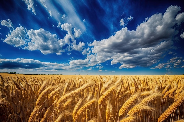 Campo de trigo dourado sob o céu azul e nuvens