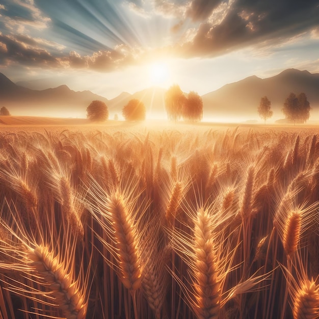 Campo de trigo dourado sob um céu dinâmico ao pôr do sol