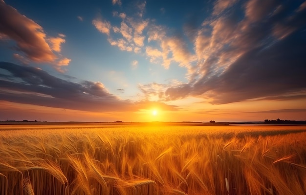 Campo de trigo e belo céu ao pôr-do-sol