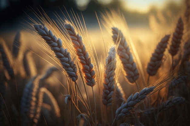 Campo de trigo em close durante a temporada de colheita Ilustração Generative AI