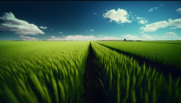 campo de trigo na primavera e céu azul