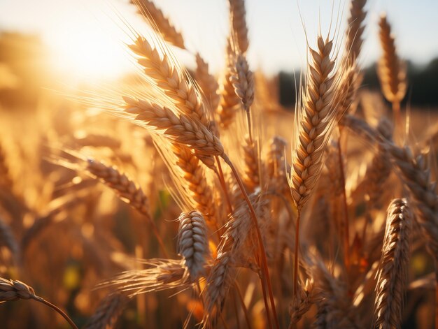 Campo de trigo orelhas de trigo dourado de perto conceito de colheita rica gerado por IA